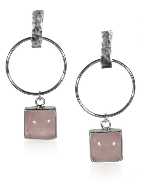 Load image into Gallery viewer, Hammered Geometric Hoop and Rose Charm Sterling Silver Earrings