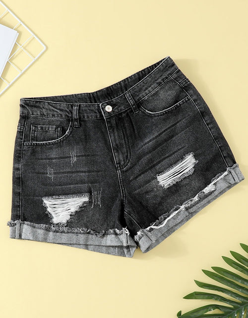 Load image into Gallery viewer, Women&#39;s Distressed Ripped Rolled Hem Blue Denim Shorts
