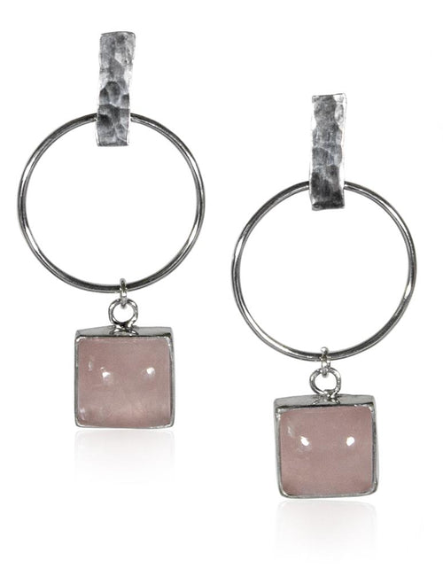 Load image into Gallery viewer, Hammered Geometric Hoop and Rose Charm Sterling Silver Earrings
